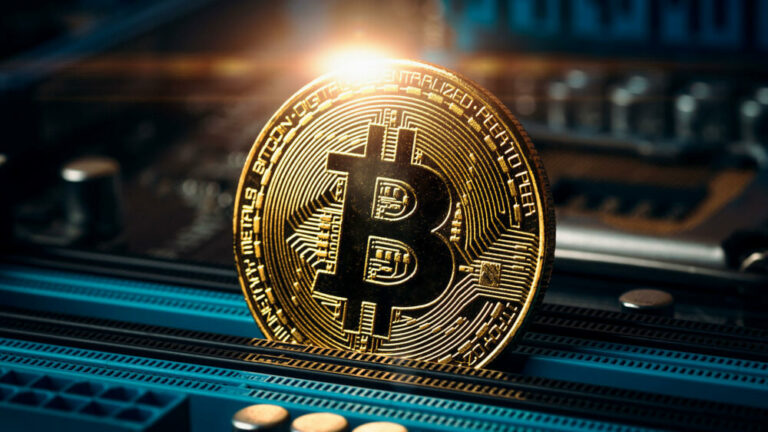 Imagem ilustrativa de uma moeda de bitcoin, apoiada em uma placa de computador.